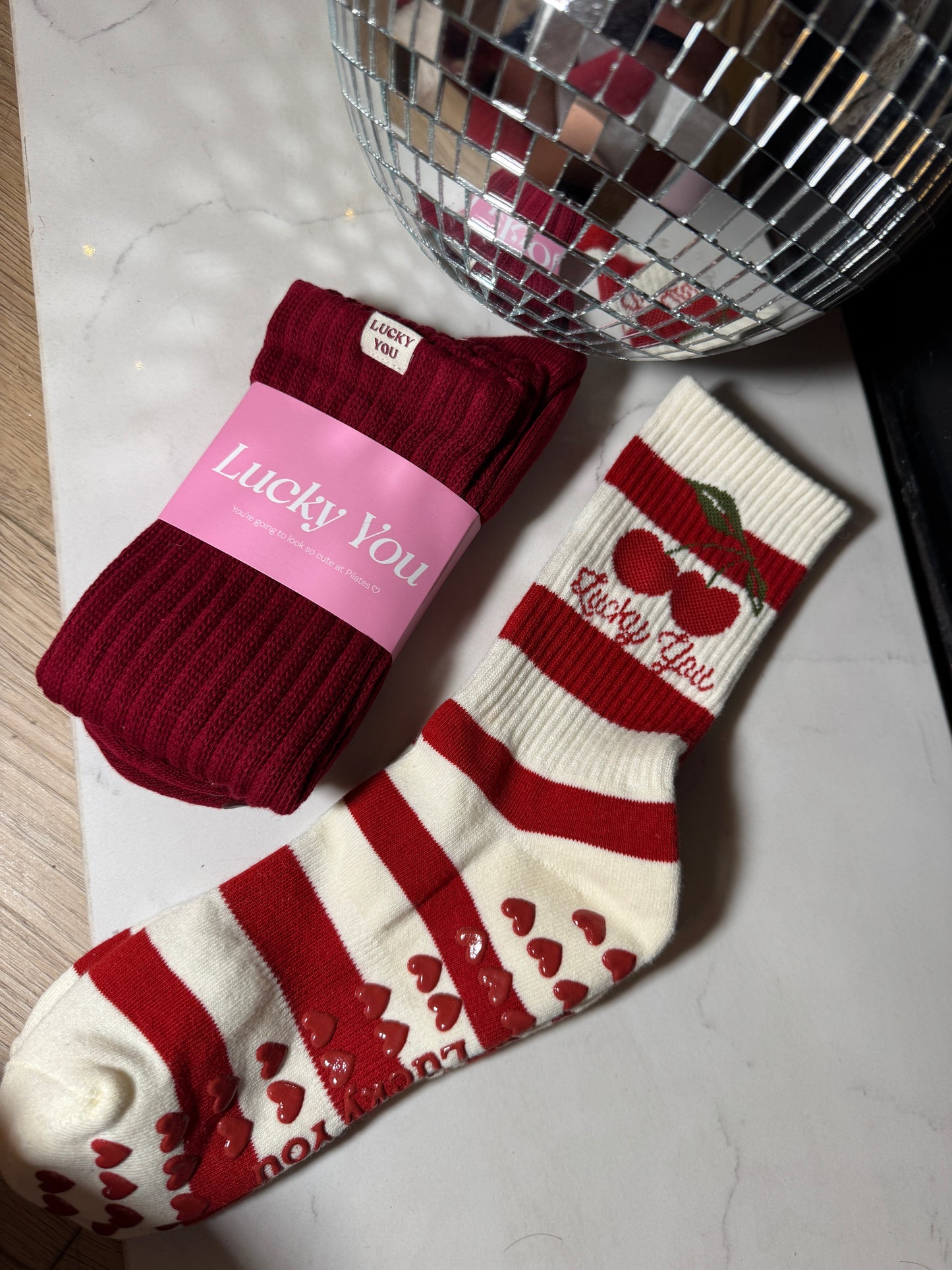 Cherry Stripe Grip Socks