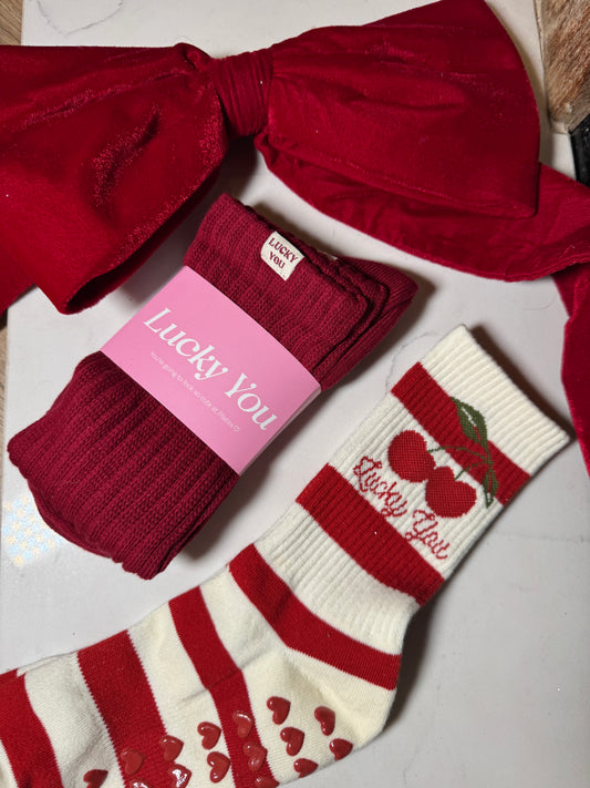 Cherry Stripe Grip Socks